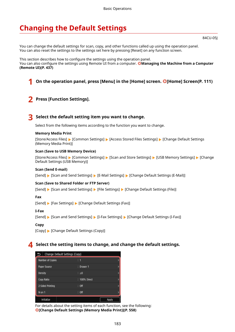 Changing the default settings, Changing the default settings(p. 183) | Canon imageCLASS MF753Cdw Multifunction Wireless Color Laser Printer User Manual | Page 193 / 801