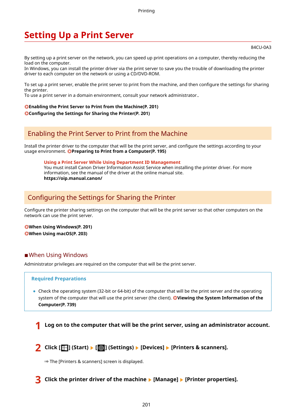 Setting up a print server, Setting up a print server(p. 201), Configuring the settings for sharing the printer | Canon imageCLASS MF753Cdw Multifunction Wireless Color Laser Printer User Manual | Page 211 / 801