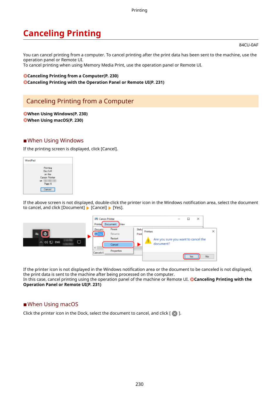 Canceling printing, Canceling printing from a computer | Canon imageCLASS MF753Cdw Multifunction Wireless Color Laser Printer User Manual | Page 240 / 801