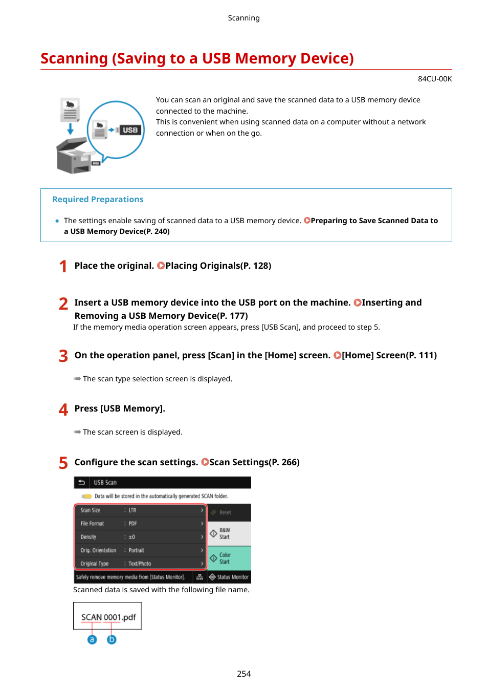 Scanning (saving to a usb memory device), Scanning (saving to a usb memory device)(p. 254) | Canon imageCLASS MF753Cdw Multifunction Wireless Color Laser Printer User Manual | Page 264 / 801
