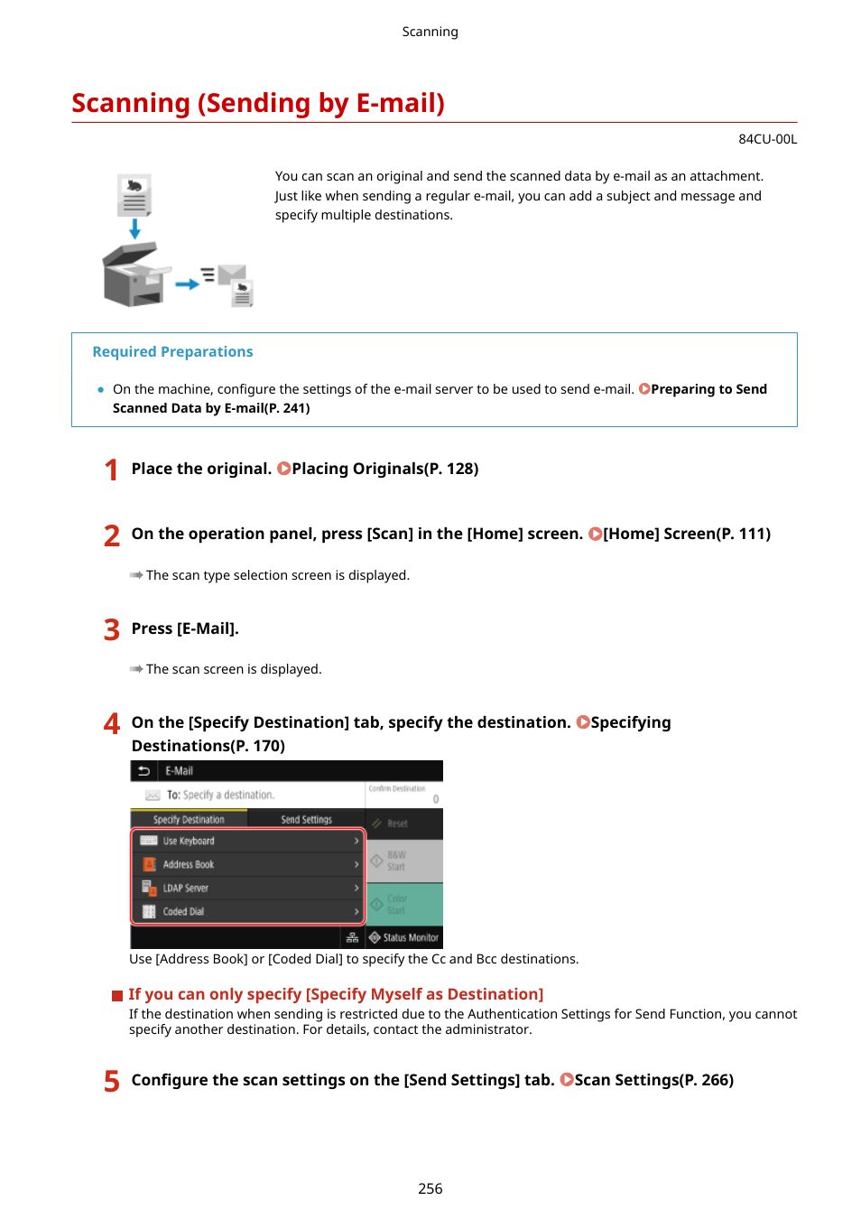 Scanning (sending by e-mail), Scanning (sending by e-mail)(p. 256) | Canon imageCLASS MF753Cdw Multifunction Wireless Color Laser Printer User Manual | Page 266 / 801