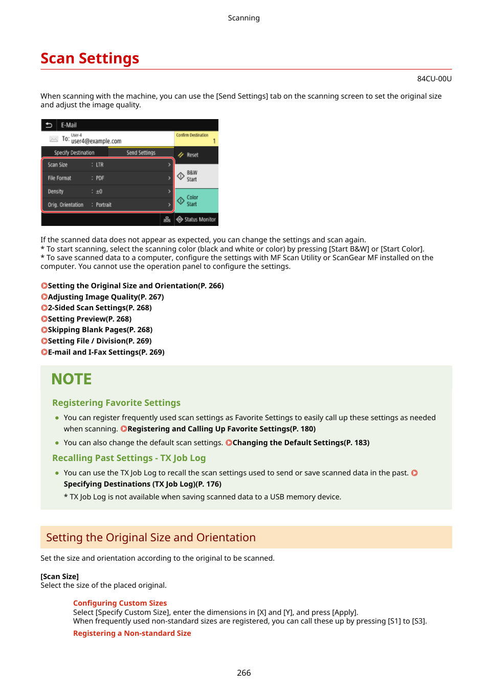 Scan settings, Scan settings(p. 266), The scan settings. scan settings(p. 266) | Setting the original size and orientation | Canon imageCLASS MF753Cdw Multifunction Wireless Color Laser Printer User Manual | Page 276 / 801