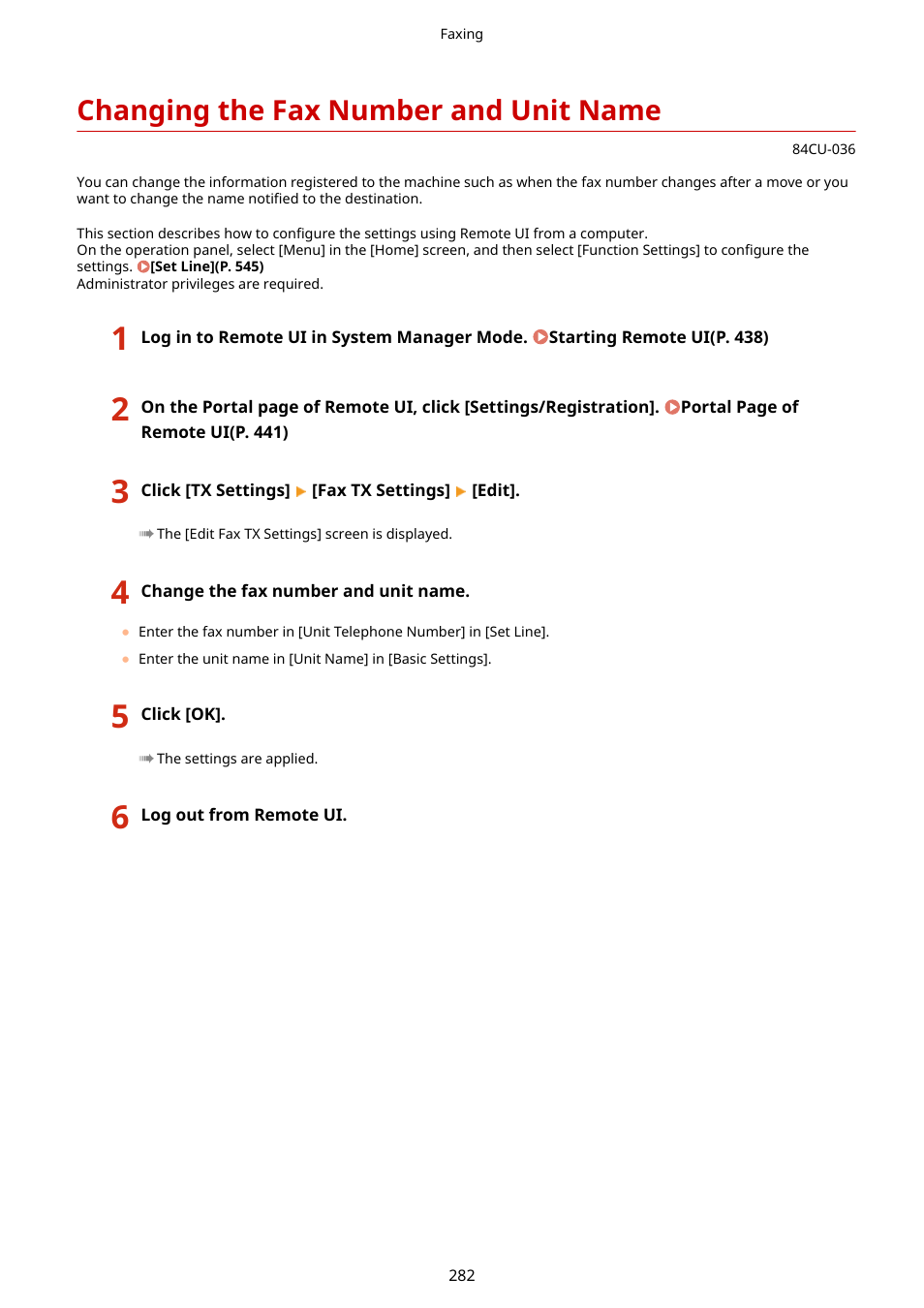 Changing the fax number and unit name, Changing the fax number and unit name(p. 282) | Canon imageCLASS MF753Cdw Multifunction Wireless Color Laser Printer User Manual | Page 292 / 801