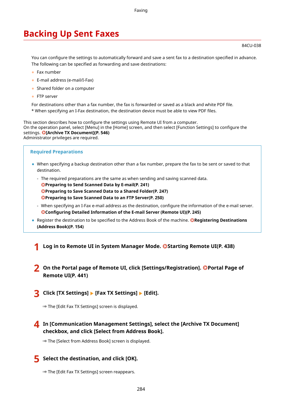 Backing up sent faxes, Backing up sent faxes(p. 284) | Canon imageCLASS MF753Cdw Multifunction Wireless Color Laser Printer User Manual | Page 294 / 801