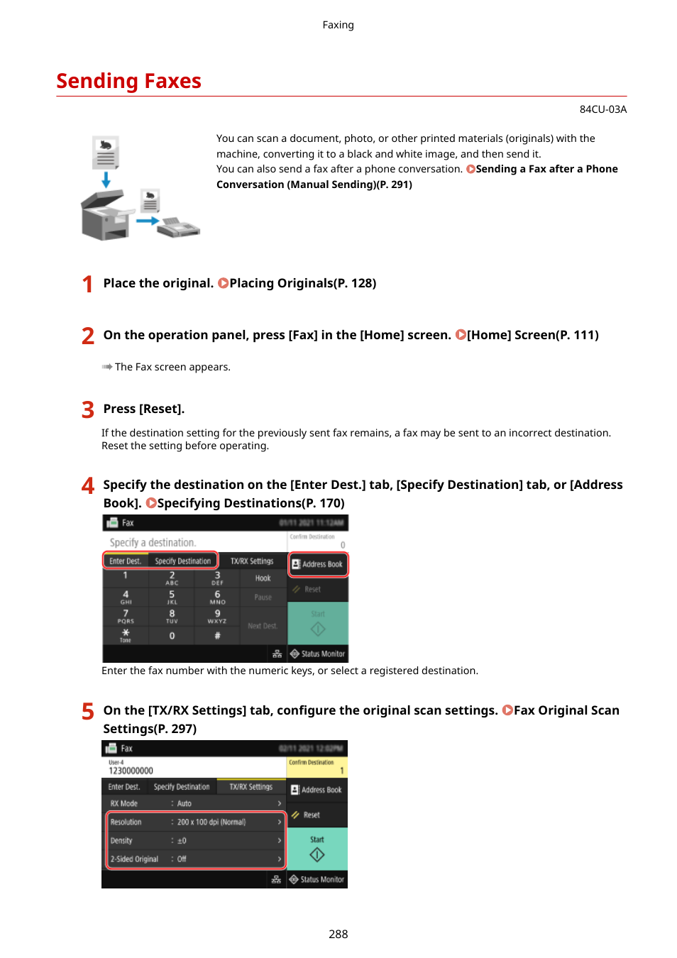 Sending faxes, Sending faxes(p. 288) | Canon imageCLASS MF753Cdw Multifunction Wireless Color Laser Printer User Manual | Page 298 / 801