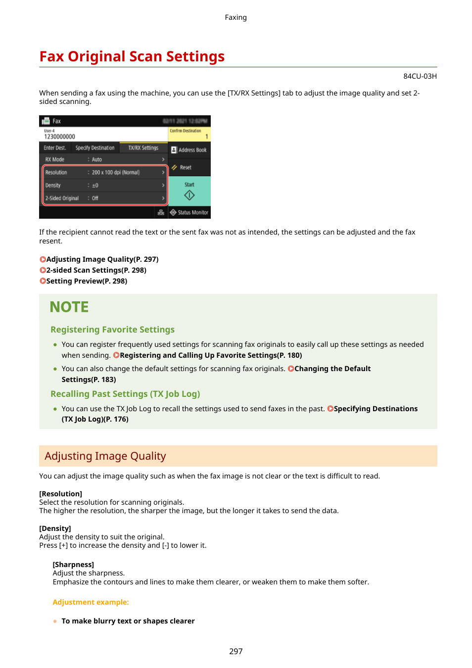 Fax original scan settings, Fax original scan settings(p. 297), Adjusting image quality | Canon imageCLASS MF753Cdw Multifunction Wireless Color Laser Printer User Manual | Page 307 / 801