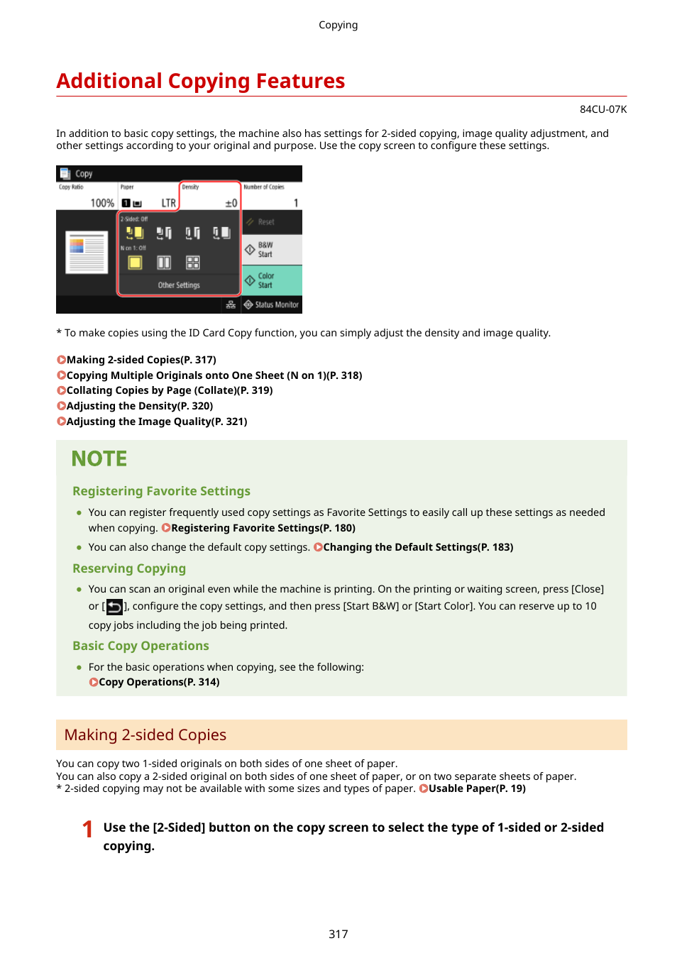 Additional copying features, Additional copying features(p. 317), Making 2-sided copies | Canon imageCLASS MF753Cdw Multifunction Wireless Color Laser Printer User Manual | Page 327 / 801