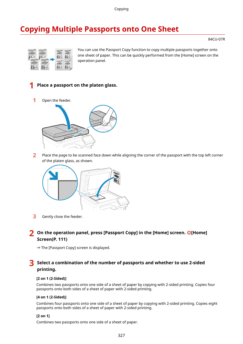 Copying multiple passports onto one sheet, Sheet(p. 327), Copying multiple passports onto one sheet(p. 327) | Canon imageCLASS MF753Cdw Multifunction Wireless Color Laser Printer User Manual | Page 337 / 801