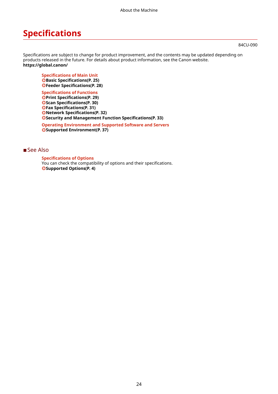 Specifications, Specifications(p. 24) | Canon imageCLASS MF753Cdw Multifunction Wireless Color Laser Printer User Manual | Page 34 / 801