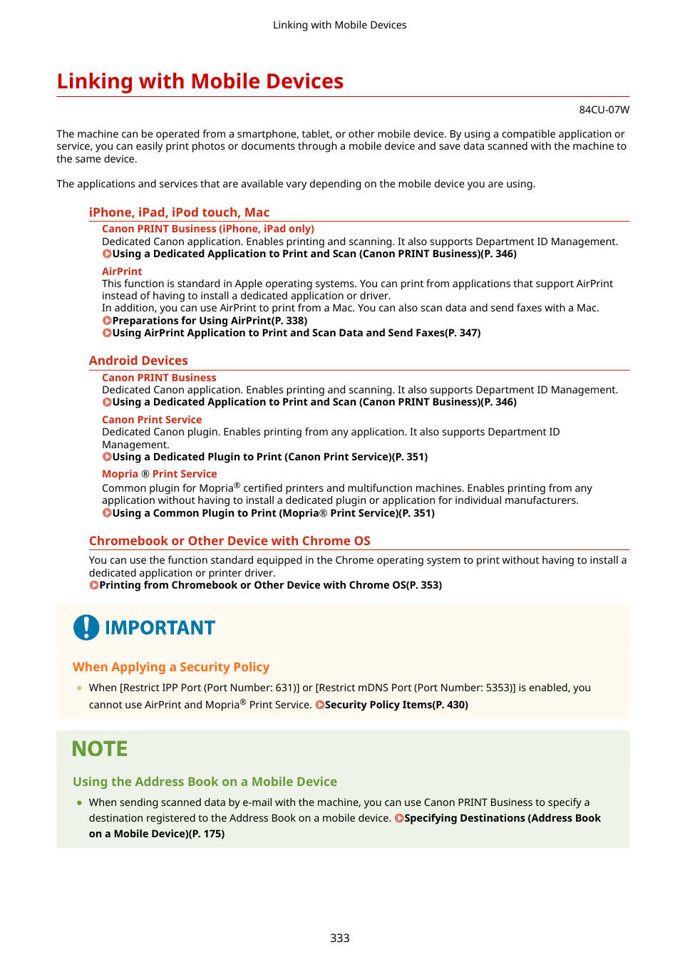 Linking with mobile devices, Linking with mobile devices(p. 333) | Canon imageCLASS MF753Cdw Multifunction Wireless Color Laser Printer User Manual | Page 343 / 801