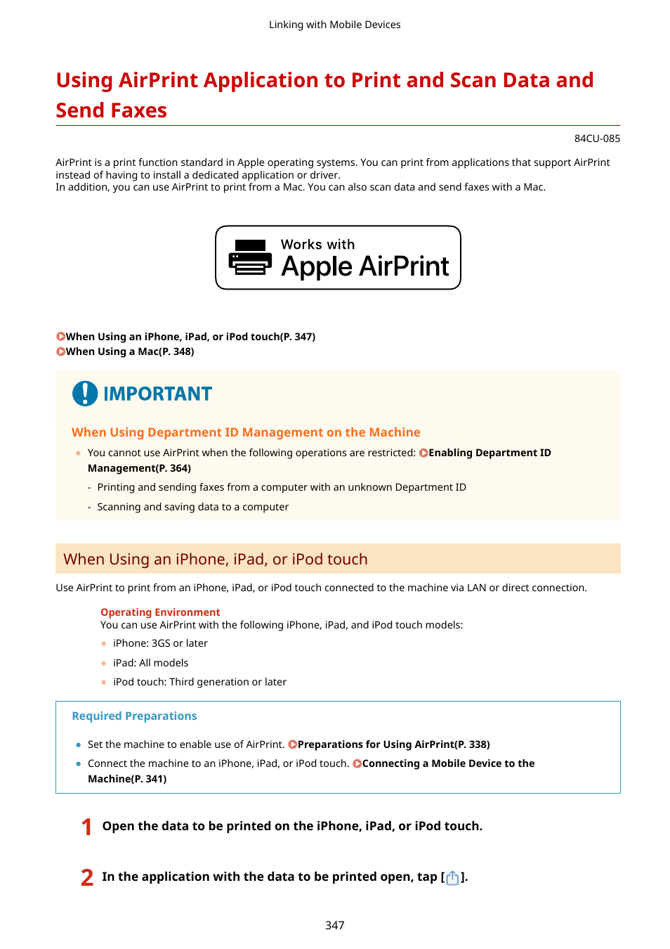 Faxes(p. 347), Data and send faxes(p. 347), When using an iphone, ipad, or ipod touch | Canon imageCLASS MF753Cdw Multifunction Wireless Color Laser Printer User Manual | Page 357 / 801