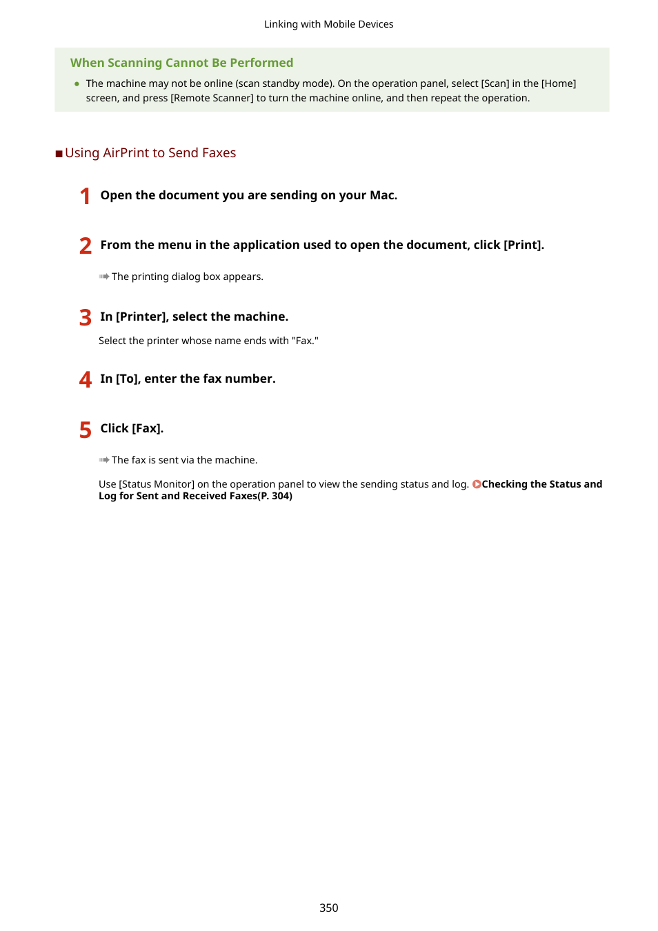 Using airprint to send faxes(p. 350) | Canon imageCLASS MF753Cdw Multifunction Wireless Color Laser Printer User Manual | Page 360 / 801