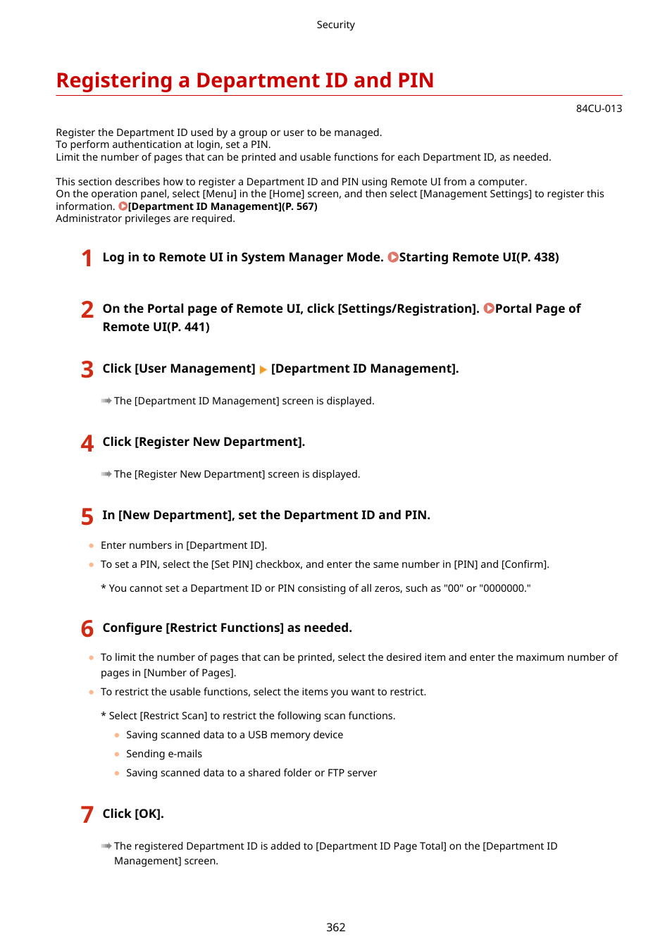 Registering a department id and pin, Registering a department id and pin(p. 362) | Canon imageCLASS MF753Cdw Multifunction Wireless Color Laser Printer User Manual | Page 372 / 801