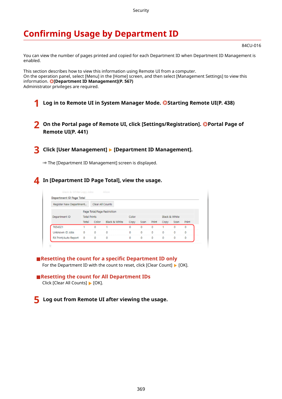 Confirming usage by department id, Confirming usage by department id(p. 369) | Canon imageCLASS MF753Cdw Multifunction Wireless Color Laser Printer User Manual | Page 379 / 801