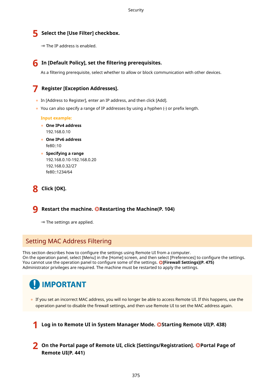 Setting mac address filtering(p. 375) | Canon imageCLASS MF753Cdw Multifunction Wireless Color Laser Printer User Manual | Page 385 / 801