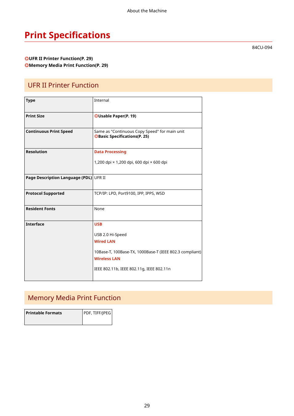 Print specifications, Print specifications(p. 29), Ufr ii printer function | Canon imageCLASS MF753Cdw Multifunction Wireless Color Laser Printer User Manual | Page 39 / 801