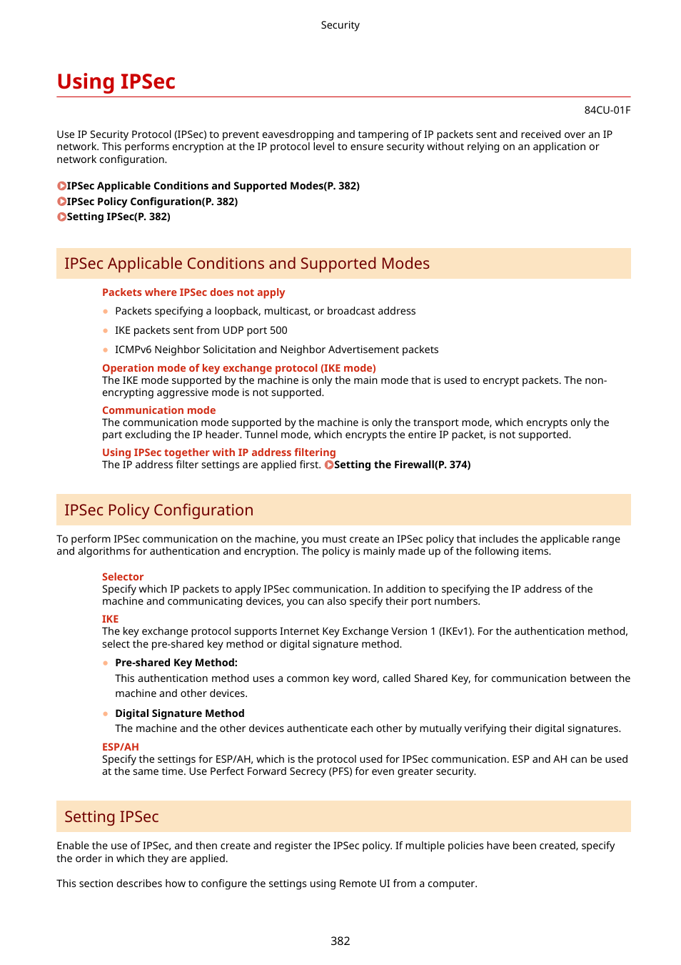 Using ipsec, Using ipsec(p. 382), Ipsec applicable conditions and supported modes | Ipsec policy configuration, Setting ipsec | Canon imageCLASS MF753Cdw Multifunction Wireless Color Laser Printer User Manual | Page 392 / 801