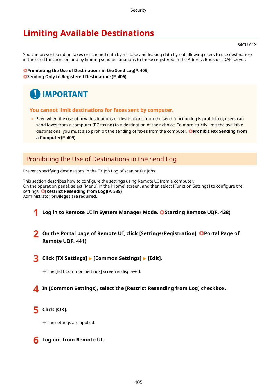 Limiting available destinations, Limiting available destinations(p. 405) | Canon imageCLASS MF753Cdw Multifunction Wireless Color Laser Printer User Manual | Page 415 / 801