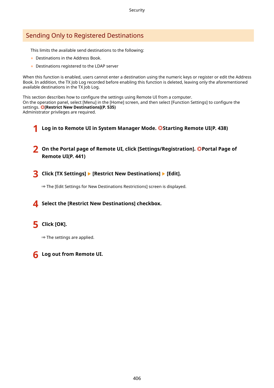 Sending only to registered destinations(p. 406) | Canon imageCLASS MF753Cdw Multifunction Wireless Color Laser Printer User Manual | Page 416 / 801