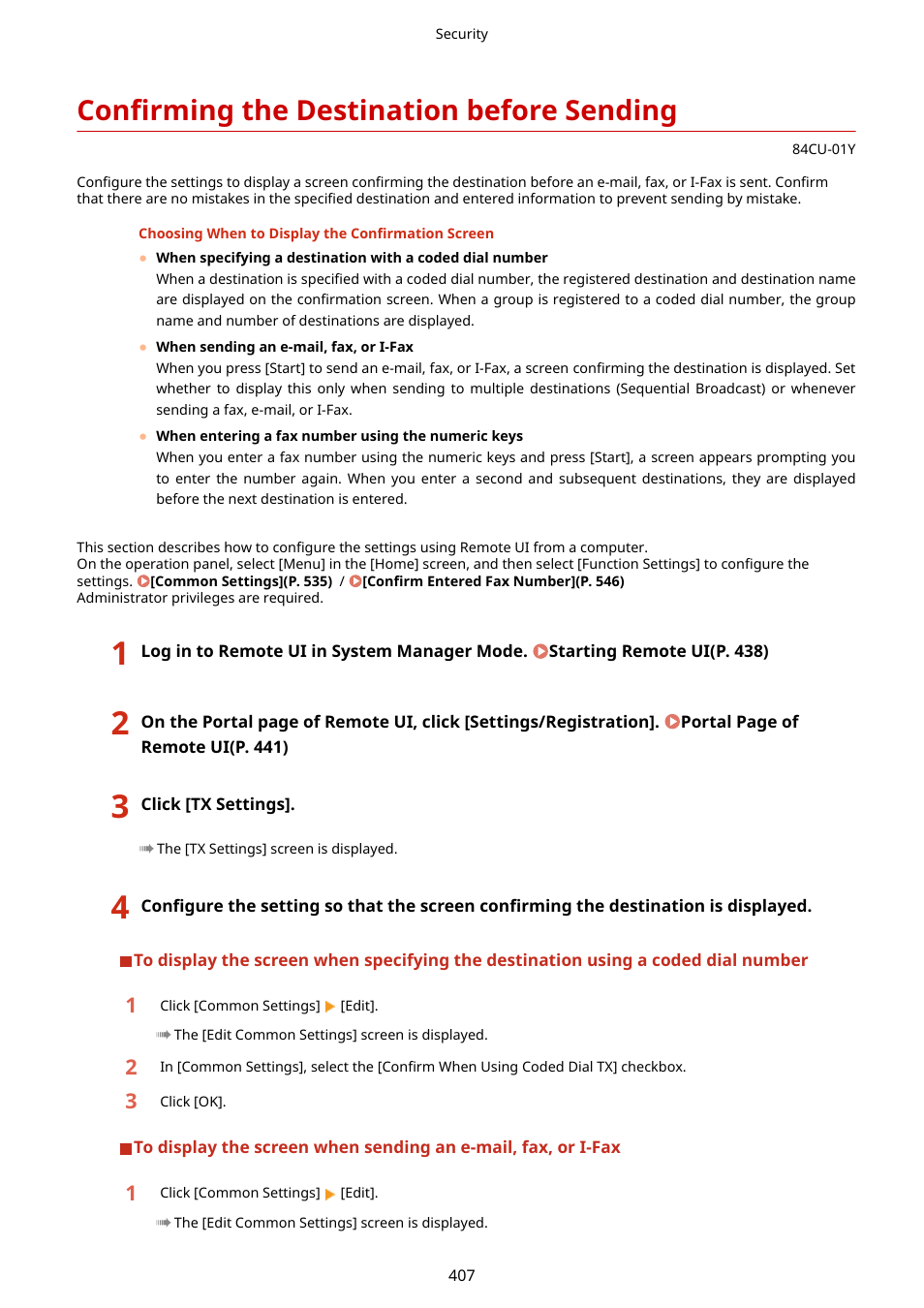 Confirming the destination before sending, Confirming the destination before sending(p. 407) | Canon imageCLASS MF753Cdw Multifunction Wireless Color Laser Printer User Manual | Page 417 / 801