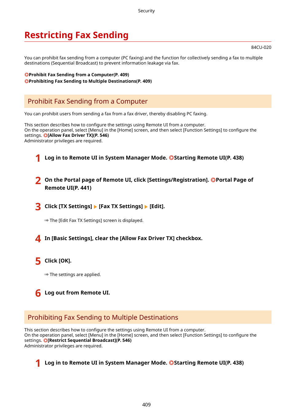 Restricting fax sending, Restricting fax sending(p. 409) | Canon imageCLASS MF753Cdw Multifunction Wireless Color Laser Printer User Manual | Page 419 / 801