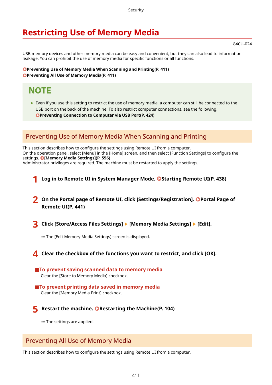 Restricting use of memory media, Restricting use of memory media(p. 411) | Canon imageCLASS MF753Cdw Multifunction Wireless Color Laser Printer User Manual | Page 421 / 801