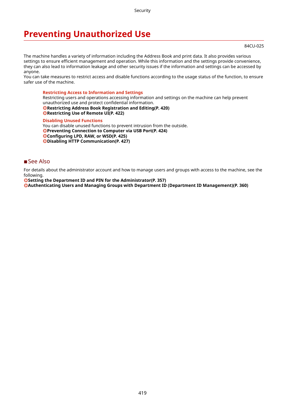 Preventing unauthorized use, Preventing unauthorized use(p. 419) | Canon imageCLASS MF753Cdw Multifunction Wireless Color Laser Printer User Manual | Page 429 / 801