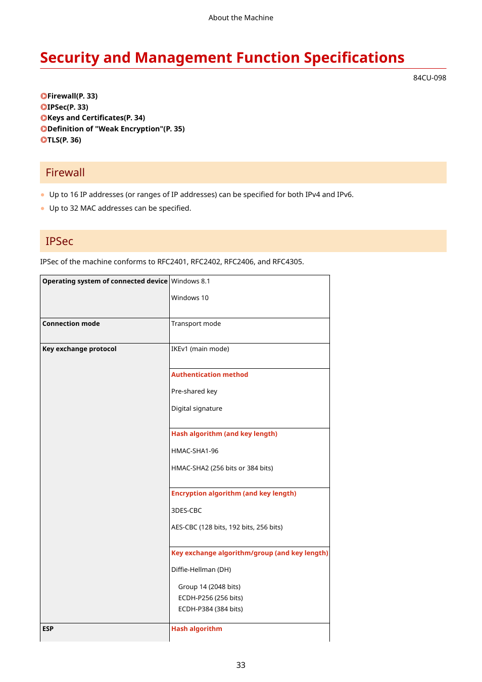 Security and management function specifications, Firewall, Ipsec | Canon imageCLASS MF753Cdw Multifunction Wireless Color Laser Printer User Manual | Page 43 / 801