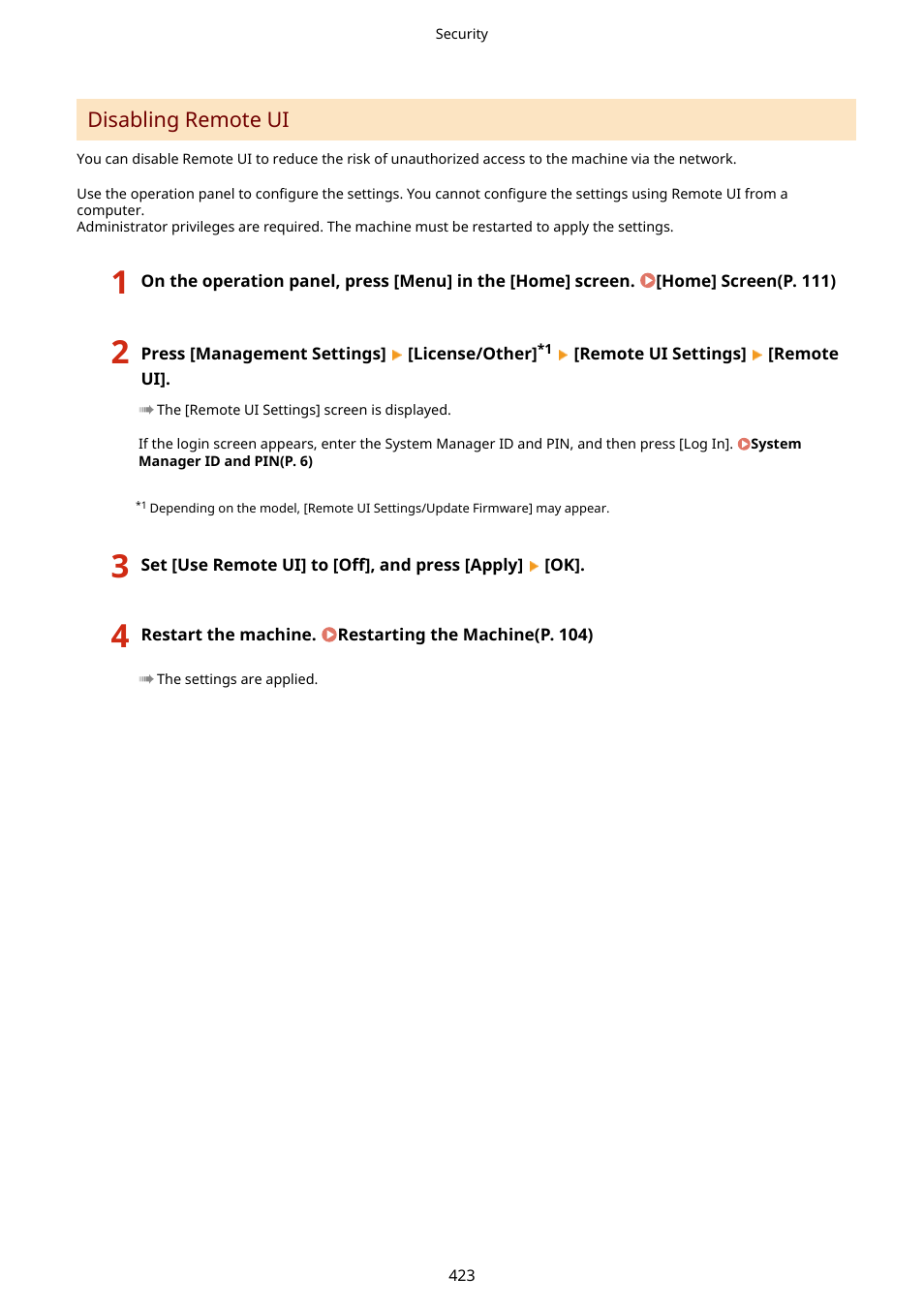 Disabling remote ui(p. 423) | Canon imageCLASS MF753Cdw Multifunction Wireless Color Laser Printer User Manual | Page 433 / 801