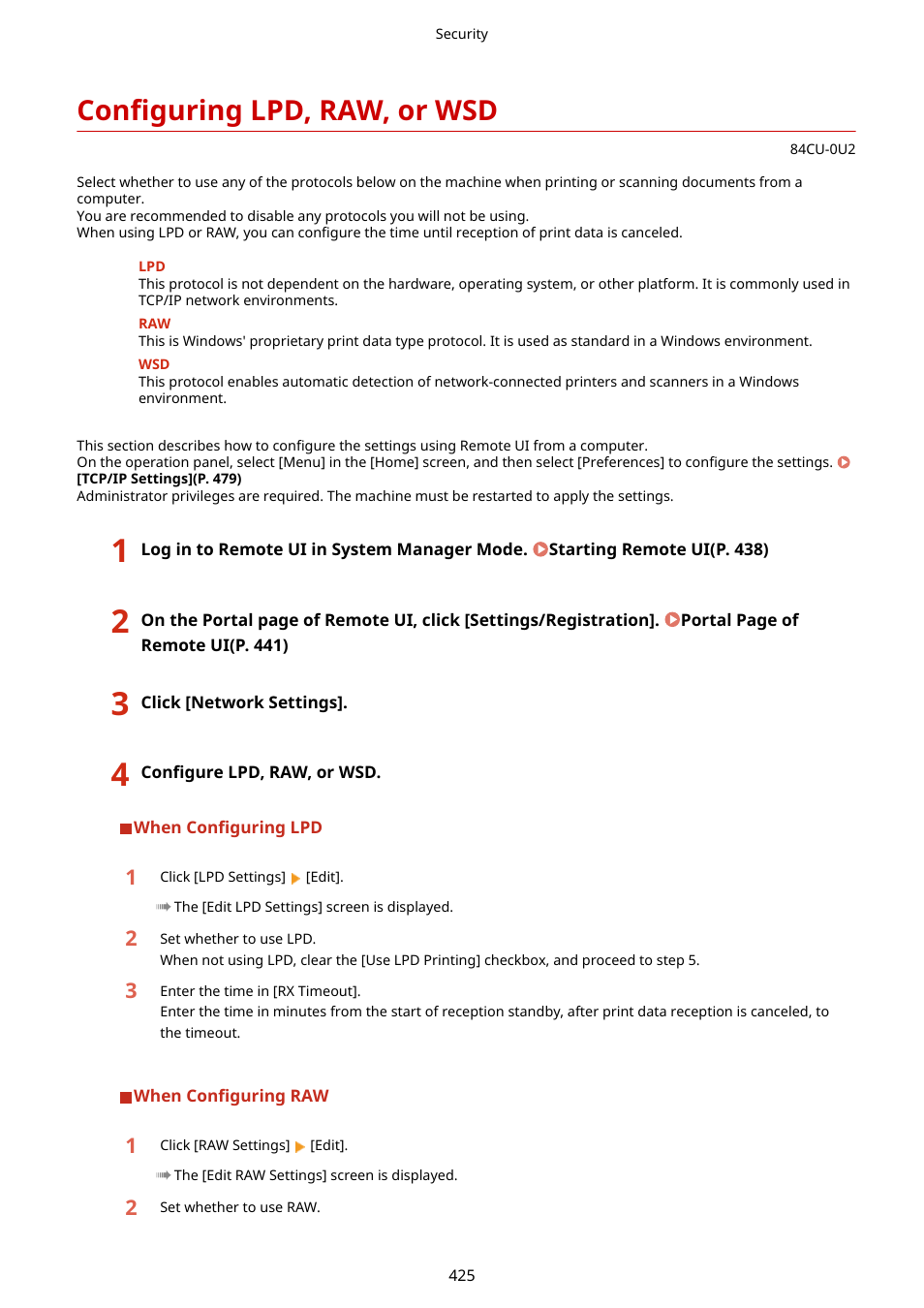 Configuring lpd, raw, or wsd, W/wsd, Configuring lpd, raw, or wsd(p. 425) | Canon imageCLASS MF753Cdw Multifunction Wireless Color Laser Printer User Manual | Page 435 / 801