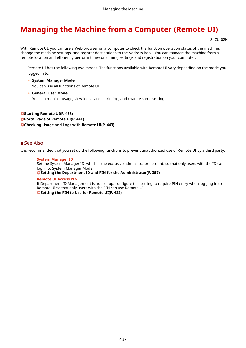 Managing the machine from a computer (remote ui), The machine from a computer (remote ui)(p. 437), Managing the machine from a computer | Remote ui)(p. 437), Ess. managing the machine from a computer | Canon imageCLASS MF753Cdw Multifunction Wireless Color Laser Printer User Manual | Page 447 / 801