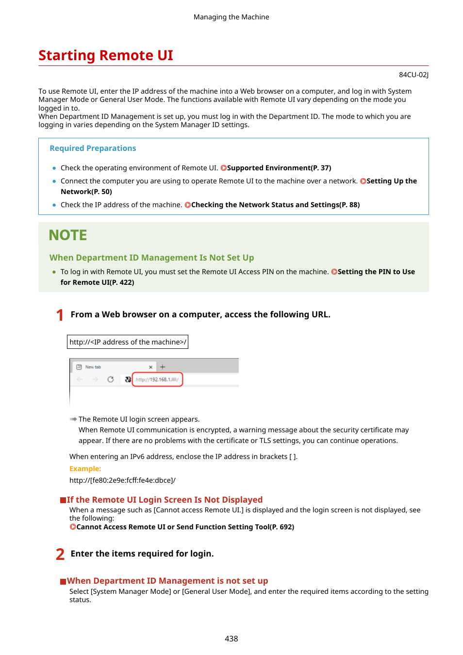 Starting remote ui, Log in to remote ui. starting remote ui(p. 438), Starting remote ui(p. 438) | Canon imageCLASS MF753Cdw Multifunction Wireless Color Laser Printer User Manual | Page 448 / 801