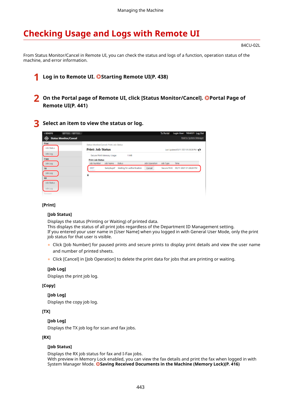 Checking usage and logs with remote ui, Checking usage and logs with remote, Ui(p. 443) | Checking usage and logs with remote ui(p. 443), Vice information] of remote ui, Or information | Canon imageCLASS MF753Cdw Multifunction Wireless Color Laser Printer User Manual | Page 453 / 801