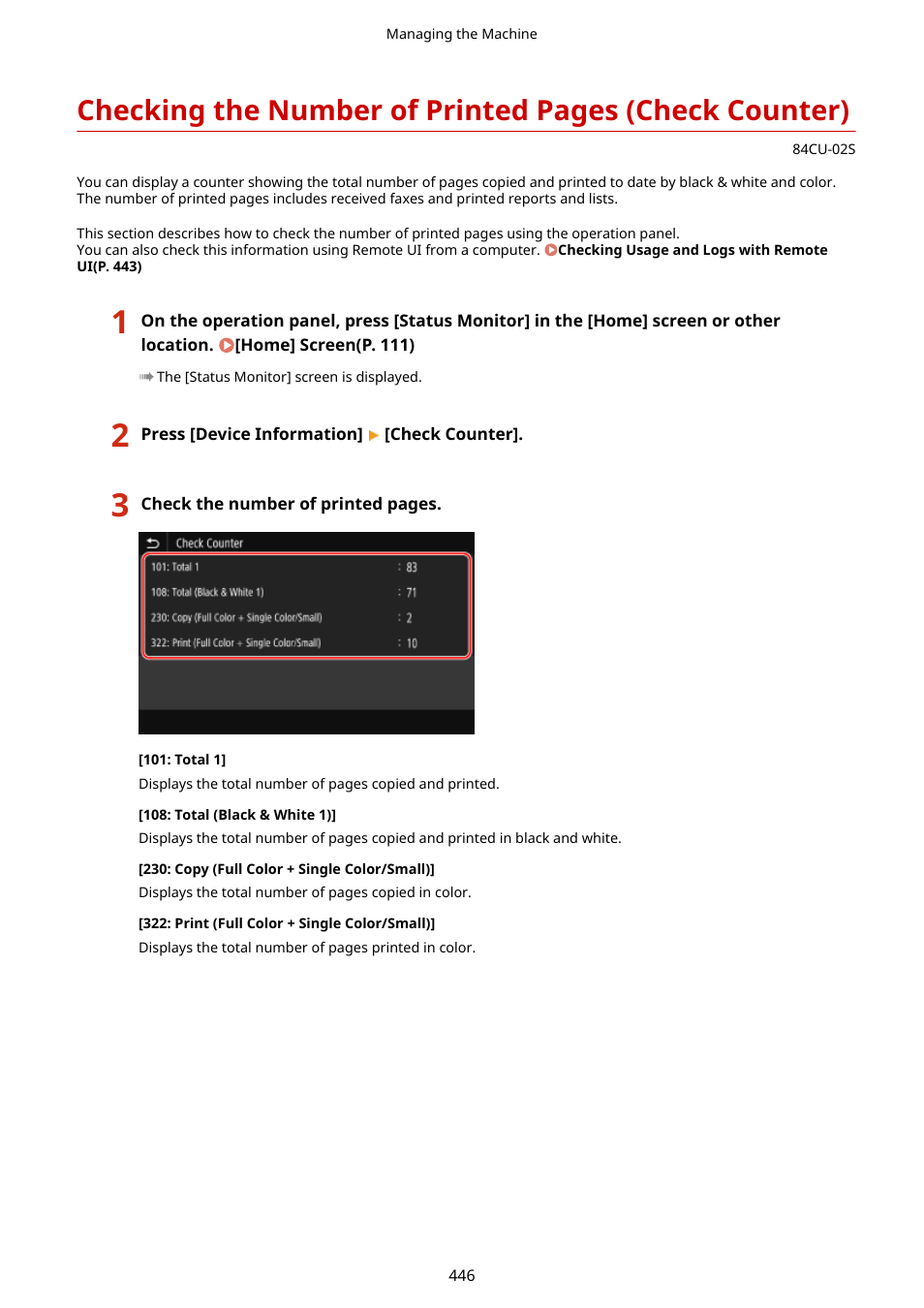 Counter)(p. 446), Check counter)(p. 446) | Canon imageCLASS MF753Cdw Multifunction Wireless Color Laser Printer User Manual | Page 456 / 801