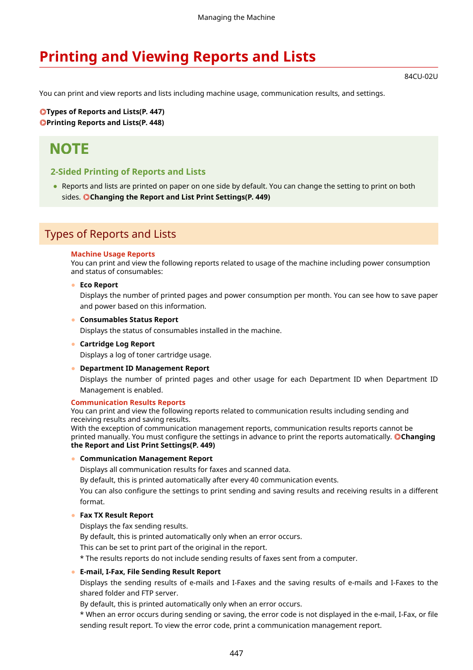 Printing and viewing reports and lists, Printing and viewing reports and lists(p. 447), Types of reports and lists | Canon imageCLASS MF753Cdw Multifunction Wireless Color Laser Printer User Manual | Page 457 / 801