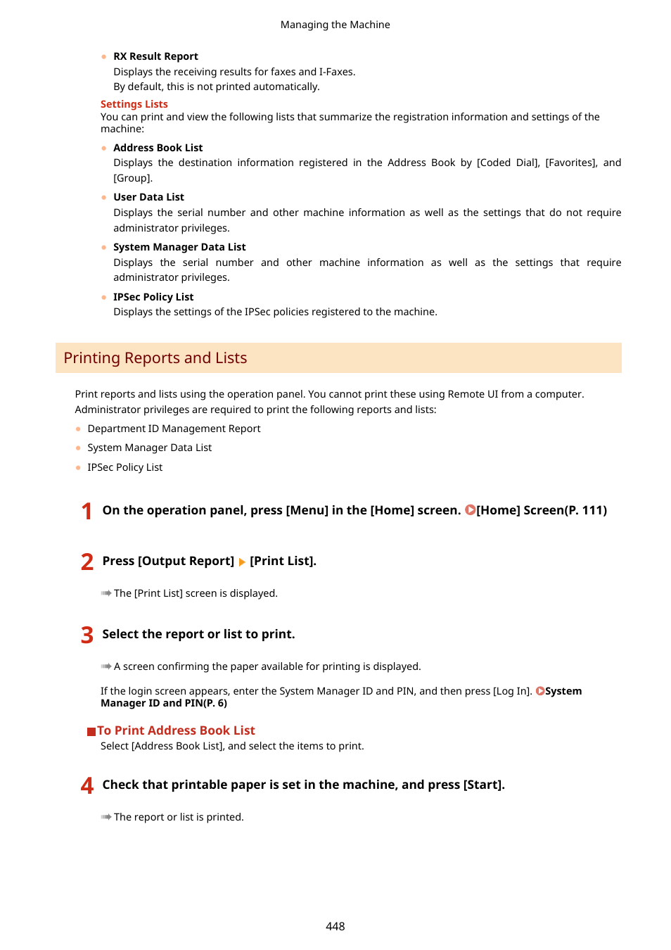 Printing reports and lists(p. 448), Printing reports and lists | Canon imageCLASS MF753Cdw Multifunction Wireless Color Laser Printer User Manual | Page 458 / 801