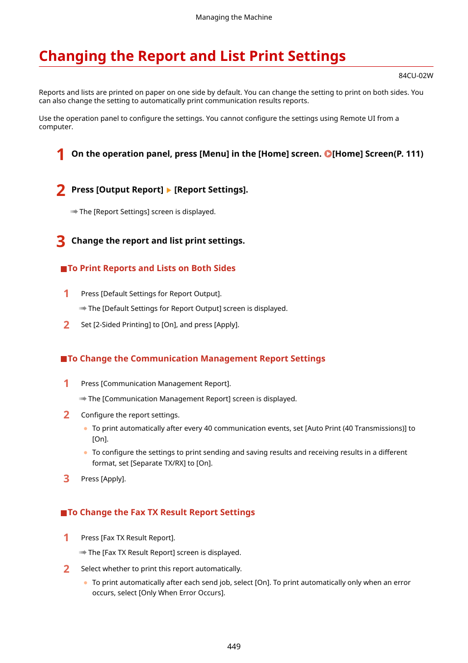 Changing the report and list print settings, Changing, The report and list print settings(p. 449) | Canon imageCLASS MF753Cdw Multifunction Wireless Color Laser Printer User Manual | Page 459 / 801