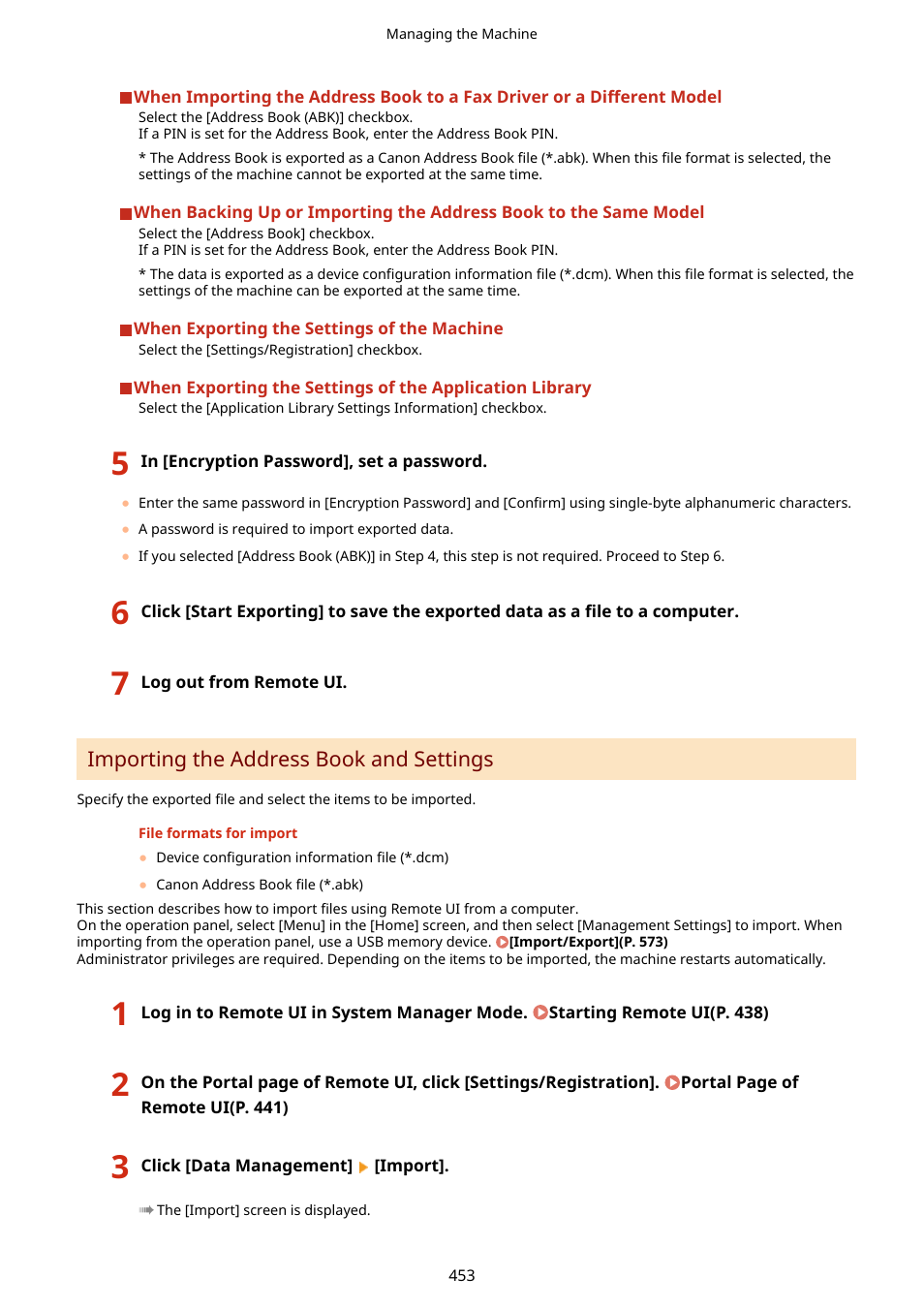 Importing the address book and settings(p. 453), Importing the address book and settings | Canon imageCLASS MF753Cdw Multifunction Wireless Color Laser Printer User Manual | Page 463 / 801