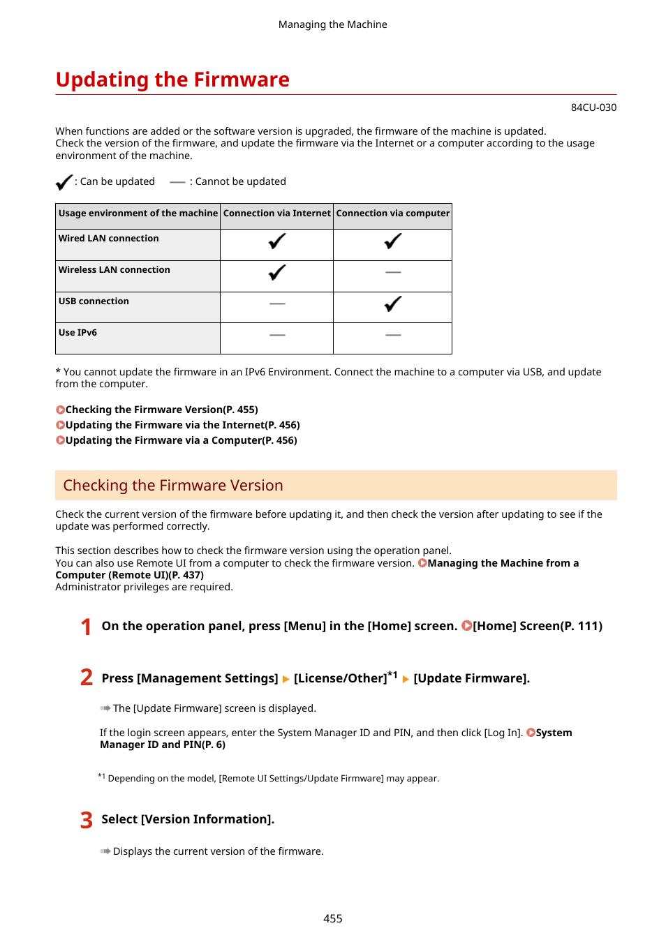 Updating the firmware, Updating the firmware(p. 455), Checking the firmware version | Canon imageCLASS MF753Cdw Multifunction Wireless Color Laser Printer User Manual | Page 465 / 801