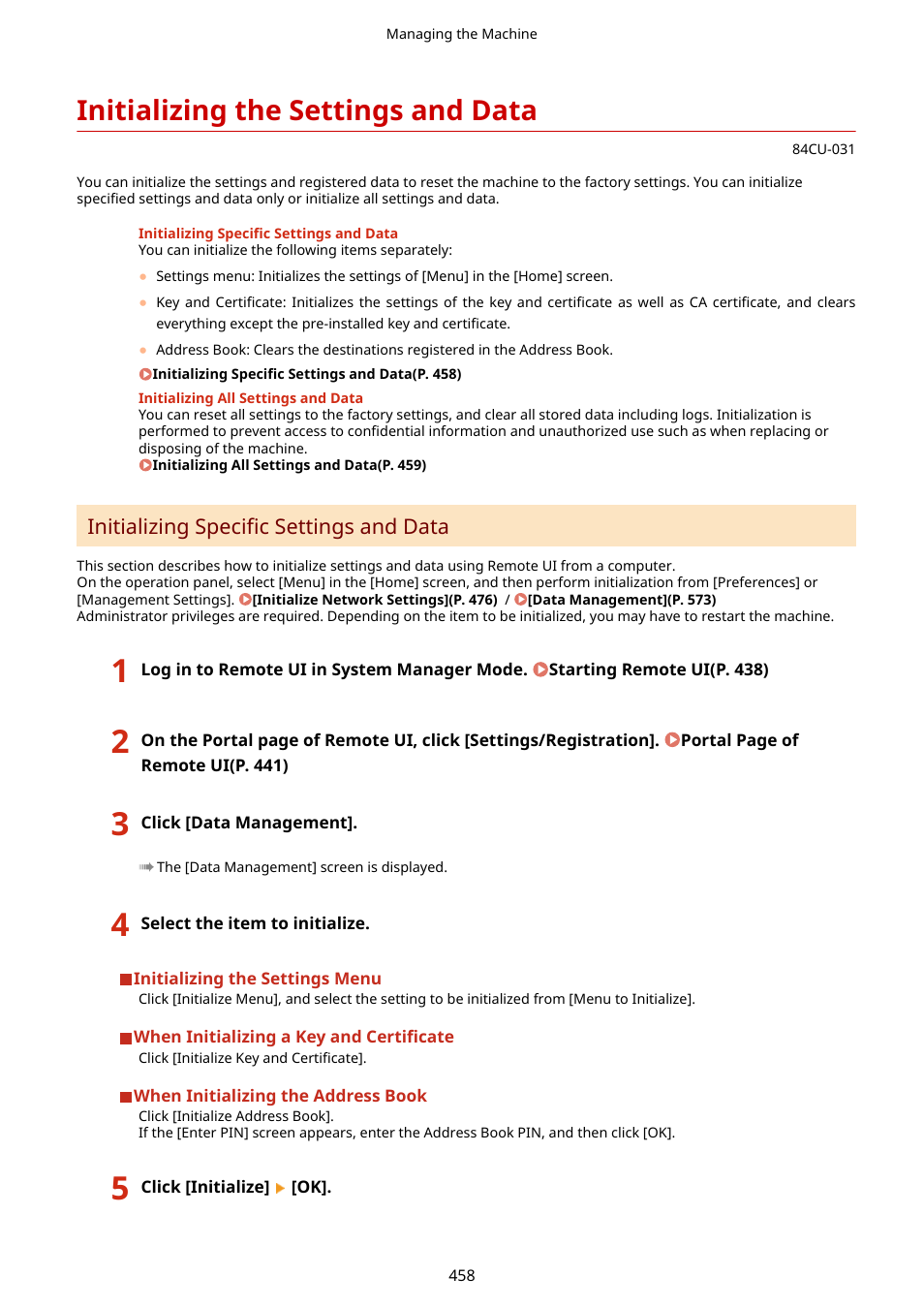 Initializing the settings and data, Initializing the settings and data(p. 458), Initializing specific settings and data | Canon imageCLASS MF753Cdw Multifunction Wireless Color Laser Printer User Manual | Page 468 / 801