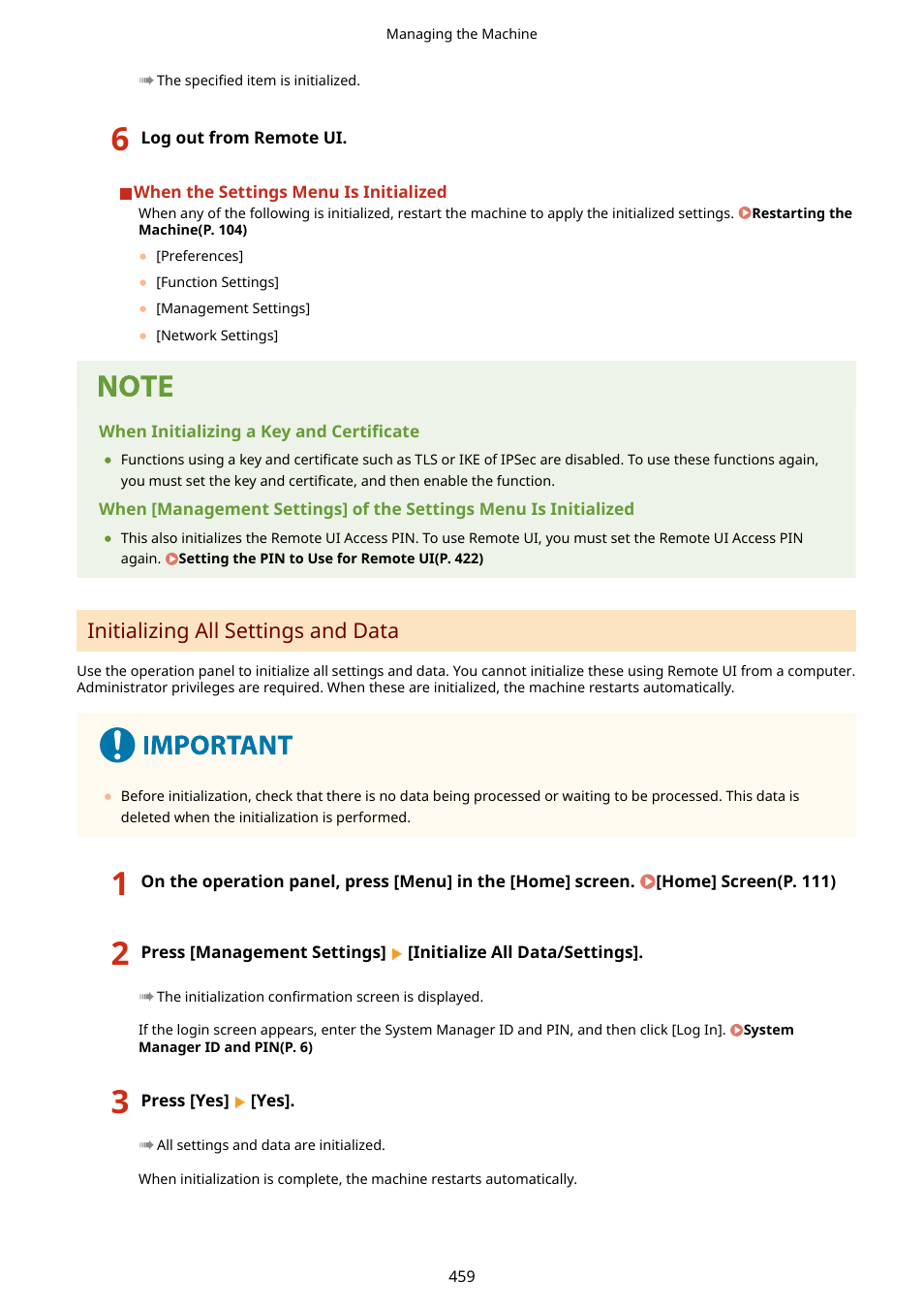 Initializing all settings and data(p. 459), Initializing all settings and data | Canon imageCLASS MF753Cdw Multifunction Wireless Color Laser Printer User Manual | Page 469 / 801