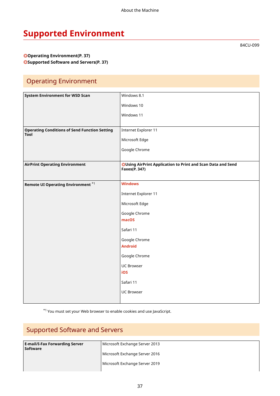 Supported environment, Supported environment(p. 37), Operating environment | Supported software and servers | Canon imageCLASS MF753Cdw Multifunction Wireless Color Laser Printer User Manual | Page 47 / 801