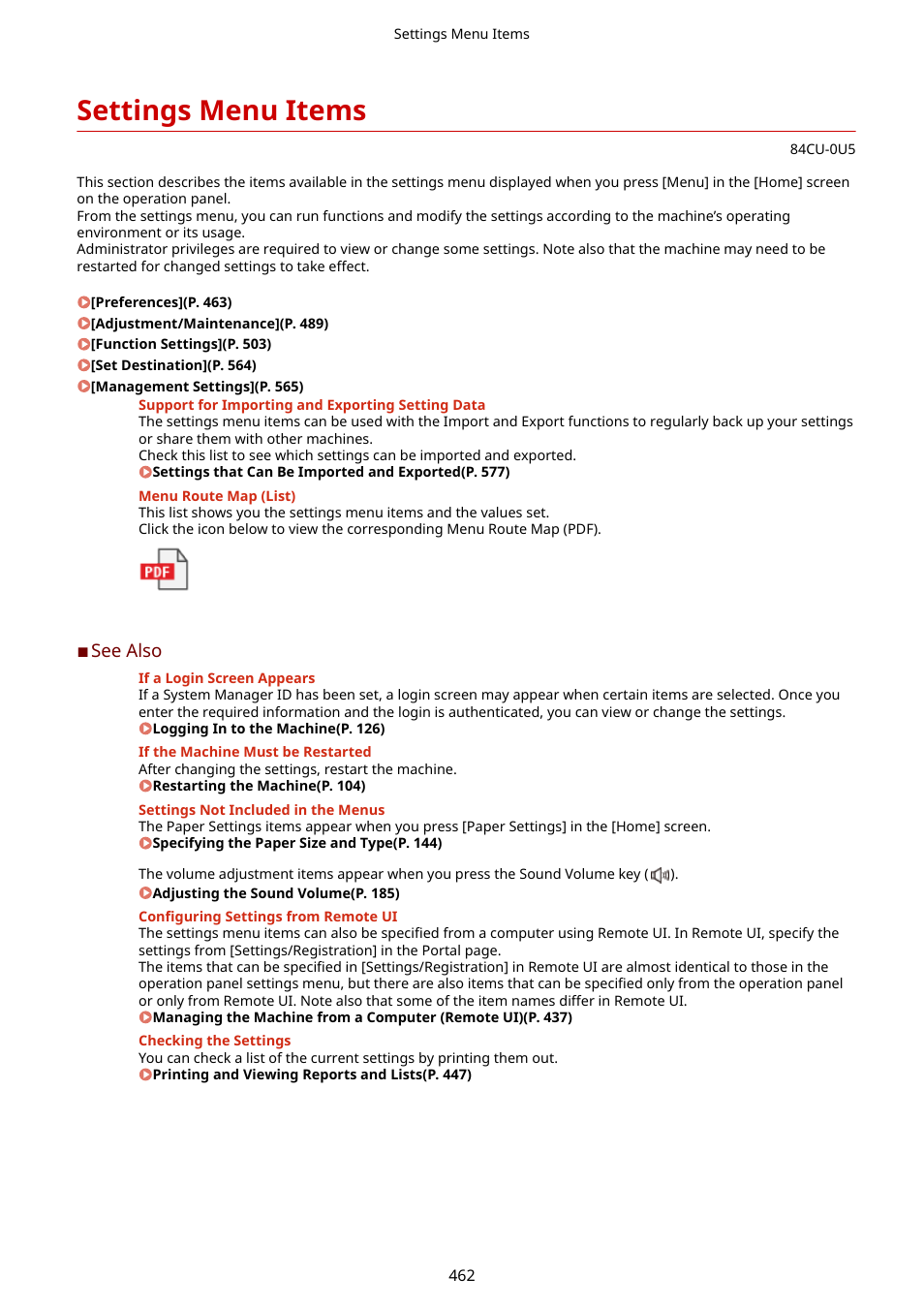 Settings menu items, Settings menu items(p. 462) | Canon imageCLASS MF753Cdw Multifunction Wireless Color Laser Printer User Manual | Page 472 / 801