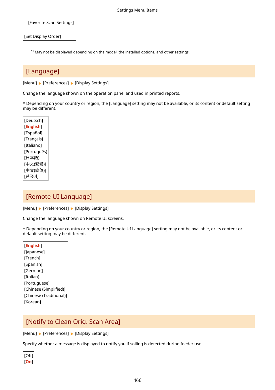 Language, Remote ui language, Notify to clean orig. scan area | Canon imageCLASS MF753Cdw Multifunction Wireless Color Laser Printer User Manual | Page 476 / 801