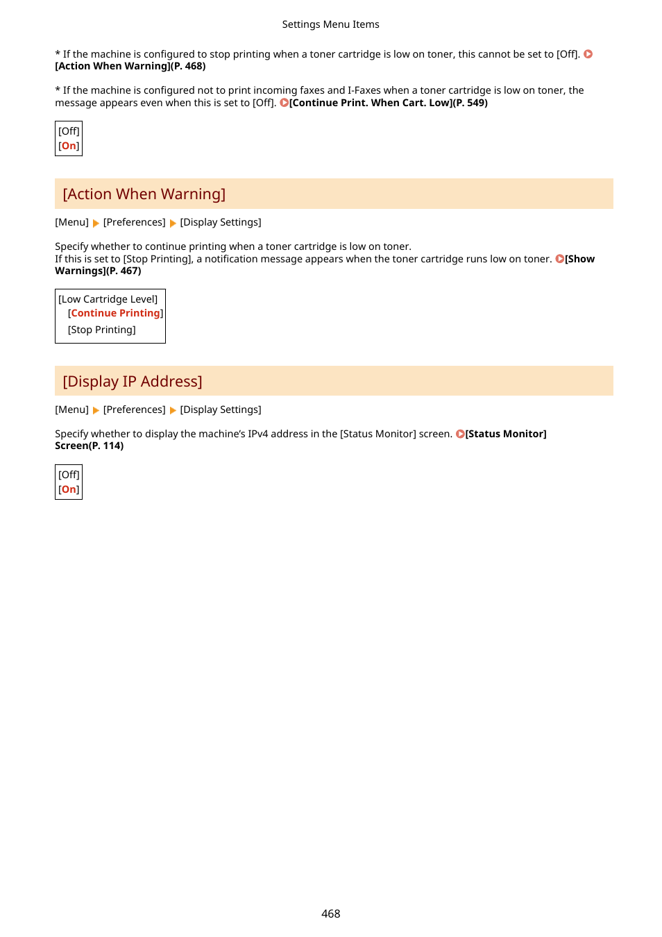 Action when warning, Display ip address | Canon imageCLASS MF753Cdw Multifunction Wireless Color Laser Printer User Manual | Page 478 / 801