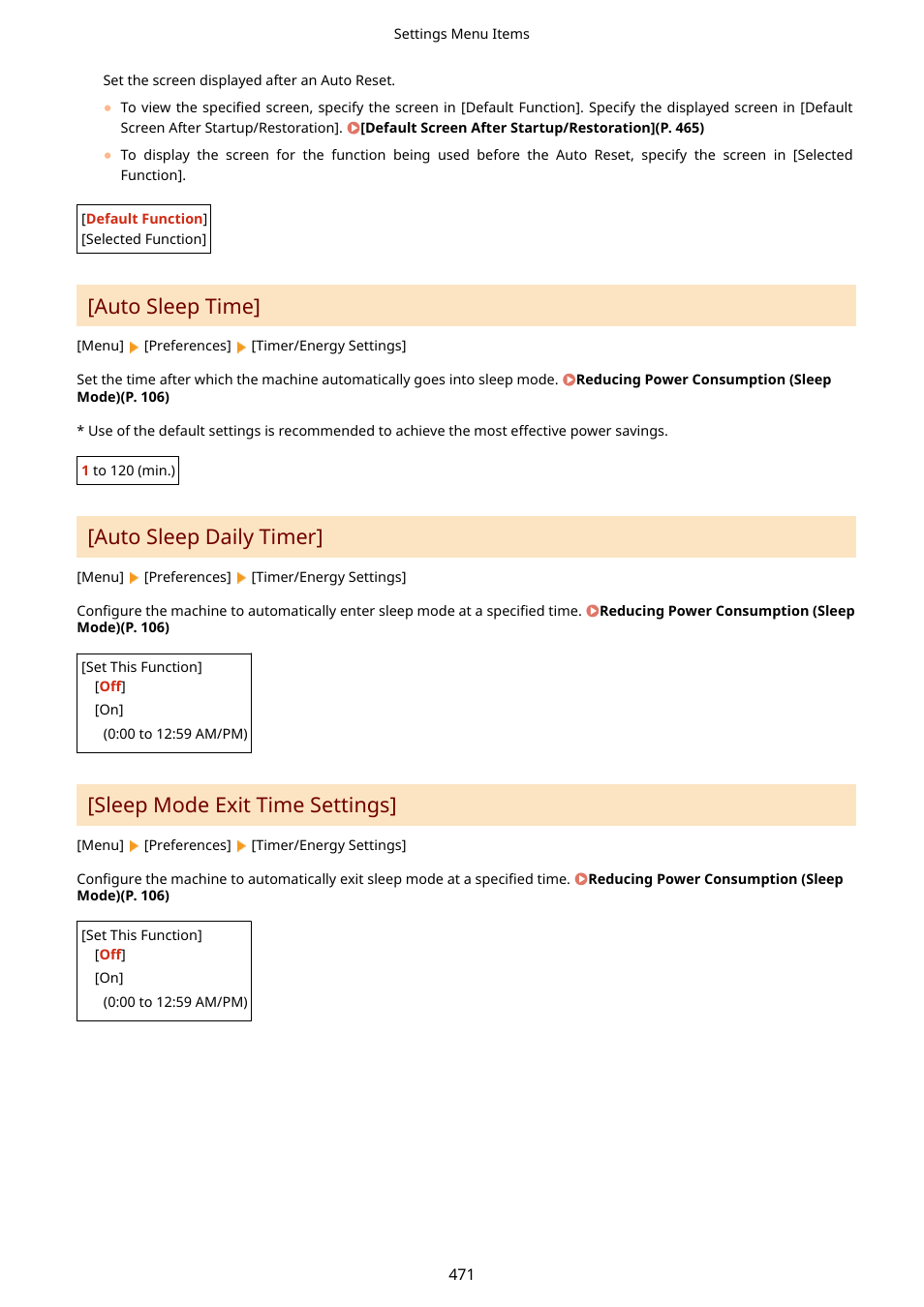 Auto sleep time](p. 471), Auto sleep time, Auto sleep daily timer | Sleep mode exit time settings | Canon imageCLASS MF753Cdw Multifunction Wireless Color Laser Printer User Manual | Page 481 / 801