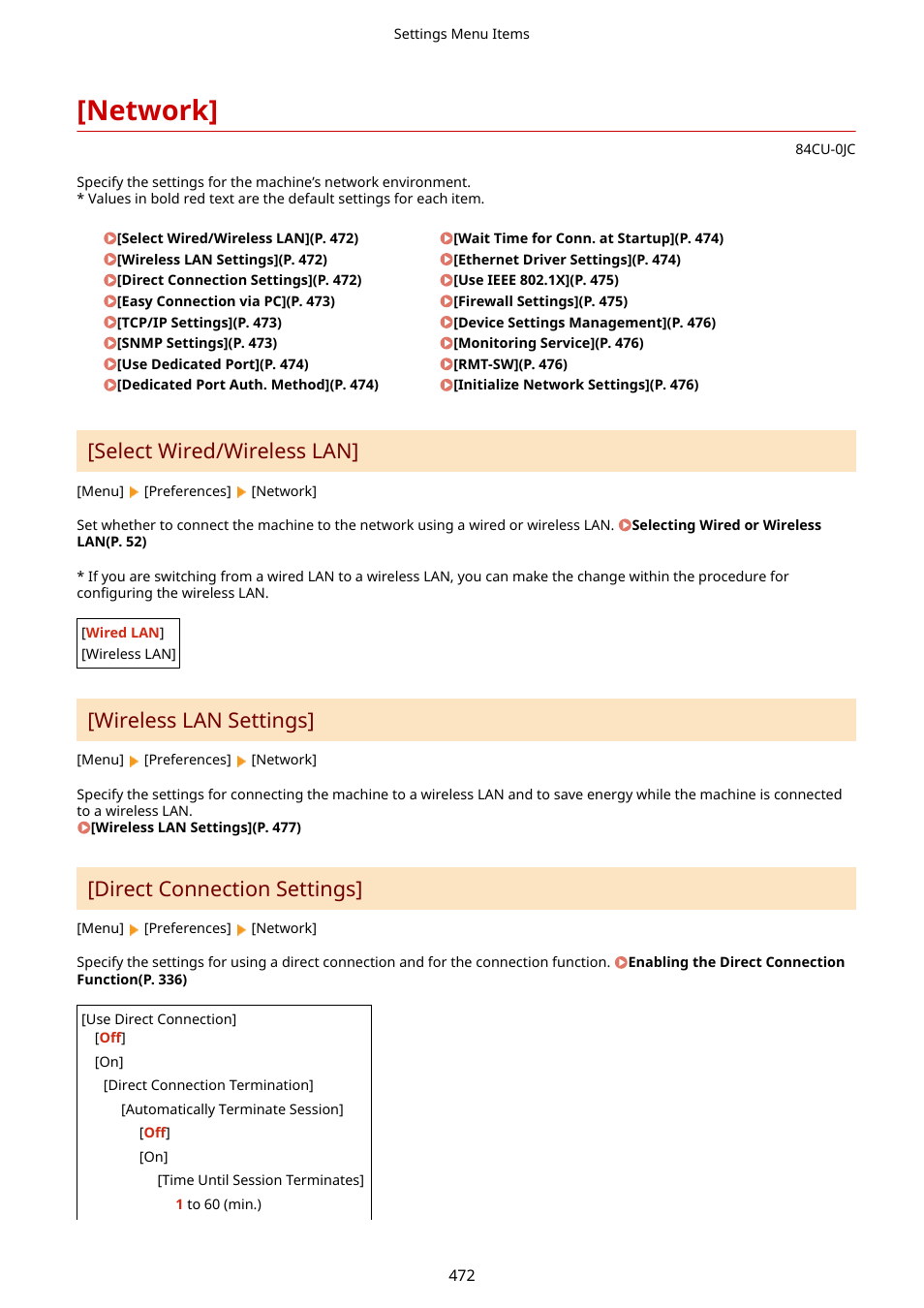 Network, Direct connection settings](p. 472), Select wired/wireless lan | P. 472), Network](p. 472), Wireless lan settings, Direct connection settings | Canon imageCLASS MF753Cdw Multifunction Wireless Color Laser Printer User Manual | Page 482 / 801