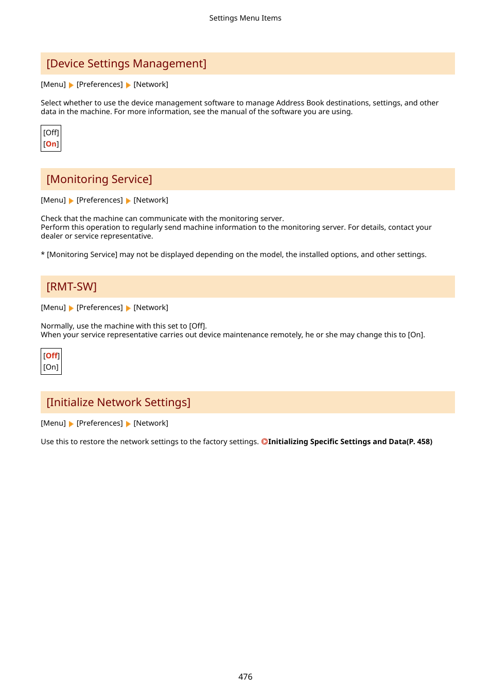 Device settings management, Monitoring service, Rmt-sw | Initialize network settings | Canon imageCLASS MF753Cdw Multifunction Wireless Color Laser Printer User Manual | Page 486 / 801