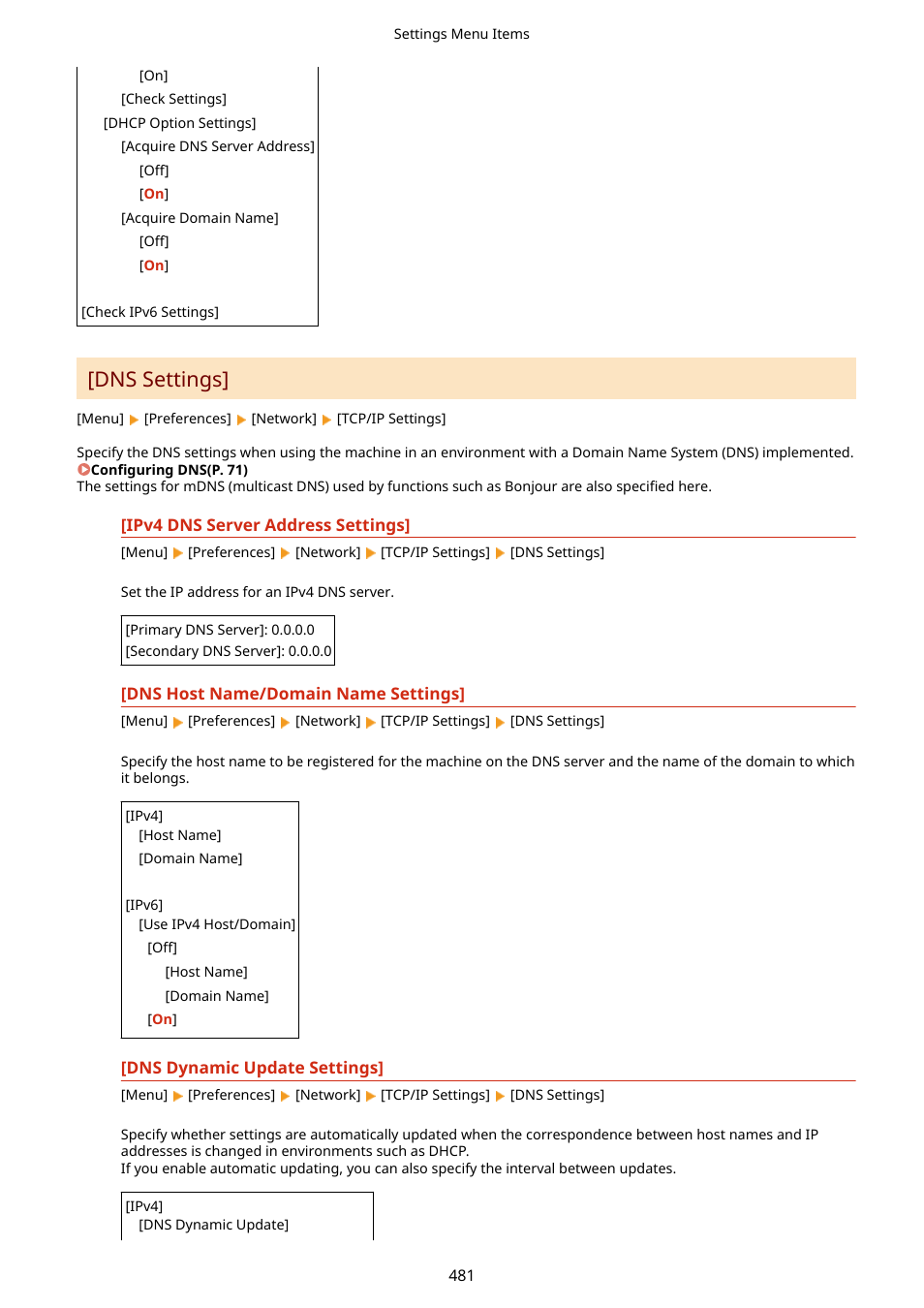 Dns settings](p. 481), Dns settings | Canon imageCLASS MF753Cdw Multifunction Wireless Color Laser Printer User Manual | Page 491 / 801