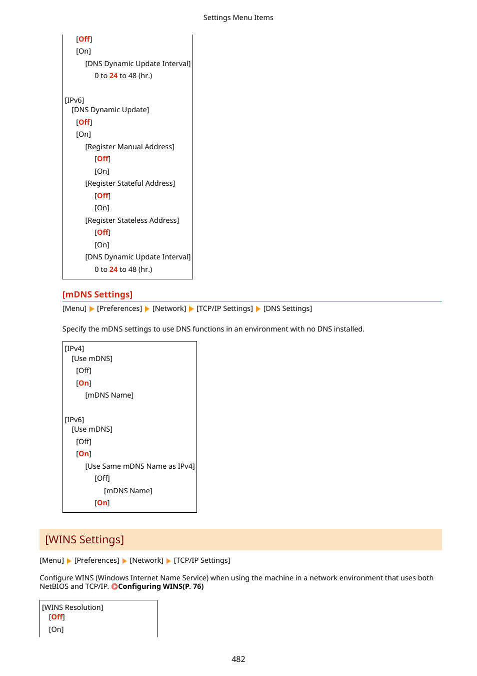 Wins settings](p. 482), Mdns settings](p. 482), Mdns (ipv4/ipv6) [mdns settings](p. 482) | Wins settings | Canon imageCLASS MF753Cdw Multifunction Wireless Color Laser Printer User Manual | Page 492 / 801